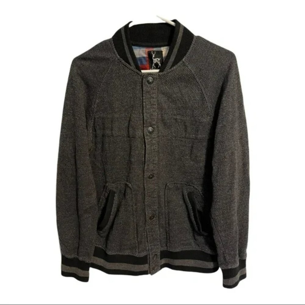 Kane & Unke Mens Jacket Size M Gray Snap Front Bomber Striped Casual Varsity